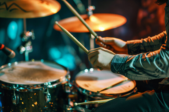 drummer packing drum kit with tossed drumsticks - Powered by Adobe