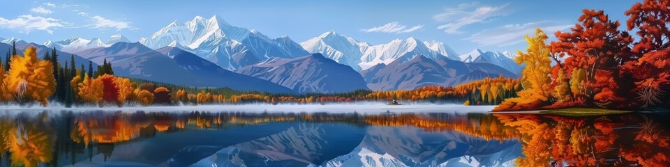 Autumn's reflection serene lake mirroring fall's fiery foliage and mountains - obrazy, fototapety, plakaty
