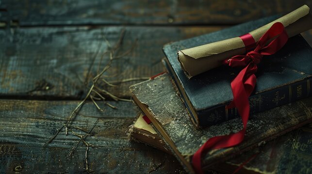 mortarboard and graduation scroll, tied with red ribbon, on a stack of old battered book with empty space to the left. Slightly undersaturated with vignette for vintage effect.