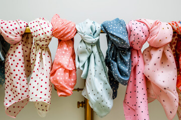 a variety of polkadotted spring scarves on a brass rack