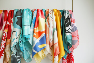 a cluster of scarves featuring abstract designs on a vertical hanger - obrazy, fototapety, plakaty