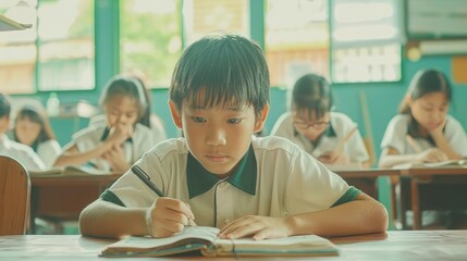 School student's taking exam writing answer in classroom for education test and literacy concept - obrazy, fototapety, plakaty
