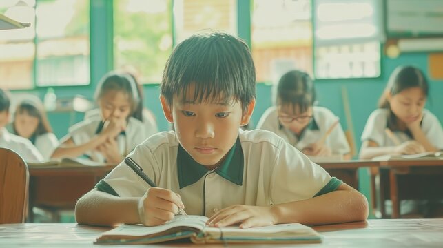 School student's taking exam writing answer in classroom for education test and literacy concept - Powered by Adobe