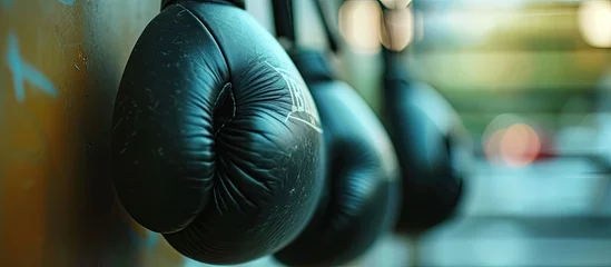 Poster A row of black punching mits are seen hanging on a wall, serving as boxing training targets. © AkuAku
