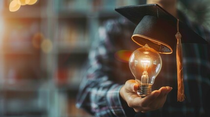 student hand holding light bulb with graduation hat on gray background. concept education of new ideas with innovation and creativity. - Powered by Adobe