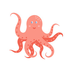 Cute pink octopus. Sea and ocean animal. Underwater life. Children's Vector illustration isolated on white background