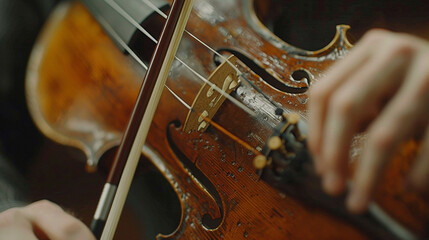 Close view of a violinists bow on strings the harmony of music and craftsmanship