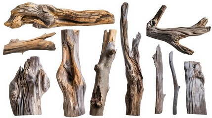 Various textured pieces of driftwood on white background. Isolated. Cutout.
