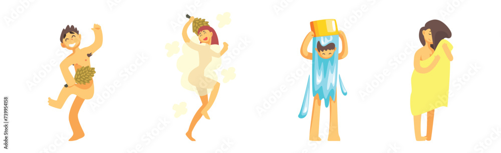 Canvas Prints People Character Bathing in Sauna and Spa Vector Set