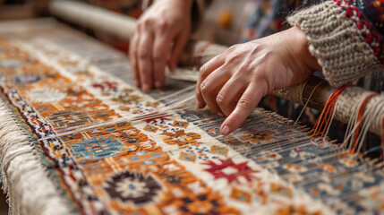 Detail of hands weaving textile on a loom tradition meets modern design