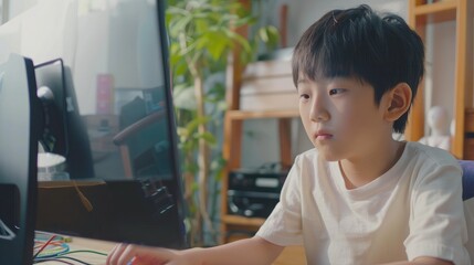 Asian boy student video conference e-learning with teacher and classmates on computer in living room at home. Homeschooling and distance learning ,online ,education and internet.