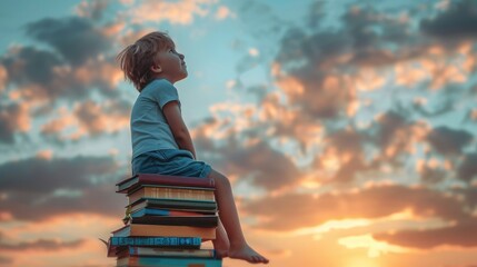 Back to school! Happy cute industrious child flying on the book on background of sunset sky. Concept of education and reading. The development of the imagination.