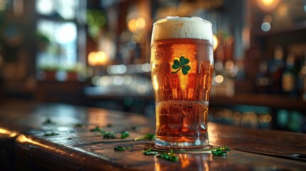 Modern and trendy Saint Patrick's Day featuring a stylized pint of foamy beer with a clover-shaped foam topper. - obrazy, fototapety, plakaty
