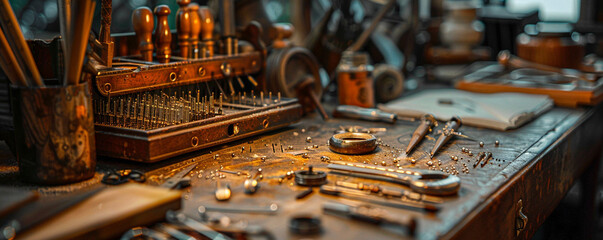 Jewelry makers tools on a bench precision in every detail - obrazy, fototapety, plakaty
