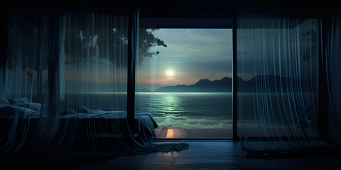  A room with sunset view window overlooking sea and mountains 3d render open window from beachfront