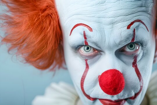 The title will be: "Disturbing Clown with Wild Hair, Eerie Makeup, Red Nose, and Unsettling Expression". Concept Horror Makeup, Creepy Clown, Red Nose, Hair Highlights, Disturbing Expression
