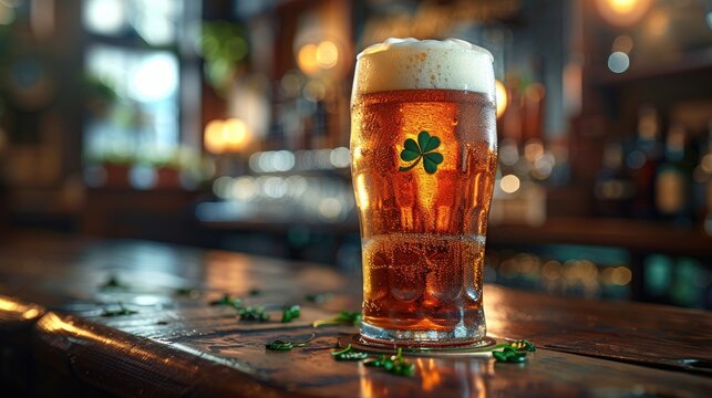 Modern and trendy Saint Patrick's Day featuring a stylized pint of foamy beer with a clover-shaped foam topper.
