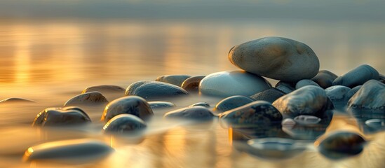 A pile of rocks sits atop a body of water, reflecting tranquil and timeless beauty.