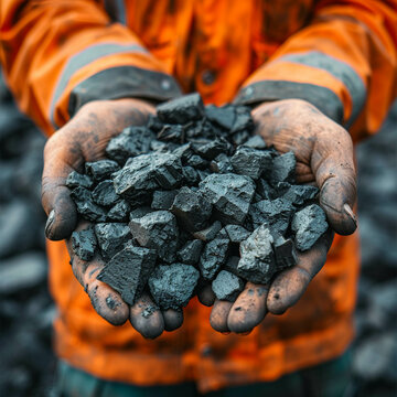 Miners hands holding coal close up on energy resources