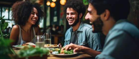 Happy young friends enjoy eating food and drinking talking together over lunch in a coffee shop, friendship and friend concept