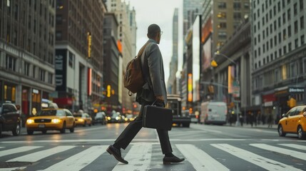 Businessman crossing the street on crosswalk and holding a laptop bag and smatphone in the city - obrazy, fototapety, plakaty