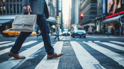 Businessman crossing the street on crosswalk and holding a laptop bag and smatphone in the city - obrazy, fototapety, plakaty