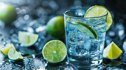 Fototapeta premium Cocktail with lime and ice in a glass