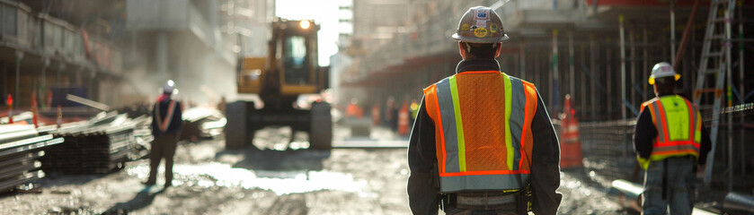 Worker in industrial safety gear inspecting a construction site safety first - obrazy, fototapety, plakaty