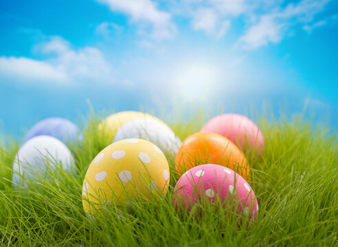 Colorful Easter eggs in a meadow under a bright blue spring sky