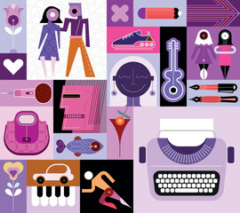 Pop art collage of many different objects, set of vector design elements. Each one of the design element created on a separate layer and can be used as a standalone image, icon or logo. 