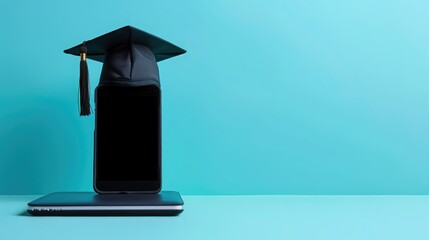 Digital Lecture Online Education blank space paper and graduate hat on laptop mobile phone website background. social distance concept