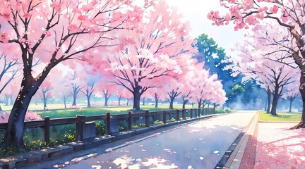 水彩画背景_日本の桜並木_01