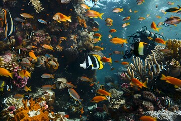 Fototapeta na wymiar Scuba diver explores vibrant underwater world with colorful fish in coral reef. Concept Underwater Photography, Scuba Diving Adventure, Colorful Marine Life, Coral Reef Exploration