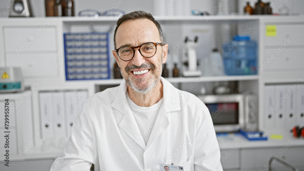 Poster confident middle age man with grey hair, joyfully smiling as he works in the lab, embodying the happ