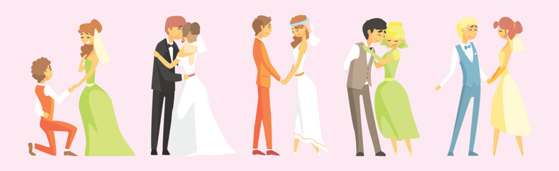 Wedding Couple Man and Woman Character Standing Vector Set