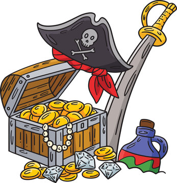 Pirate Treasure, Hat and Cutlass Cartoon Clipart 