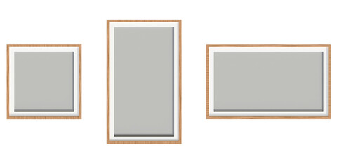 Empty wooden wall frames set. Realistic wooden picture frame mockup template with transparent background. Mockup for poster or banner.