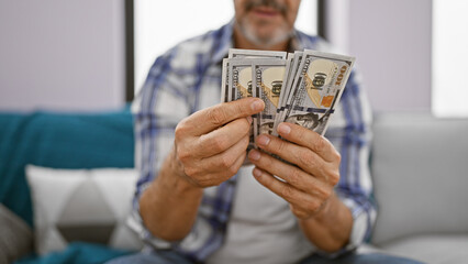 Cheerful middle age man with grey hair joyfully counting dollars, sitting relaxed on his living...