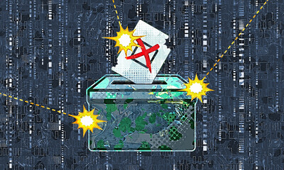election ballot box vote attacked for democracy under threat vote tampering hacking concept...