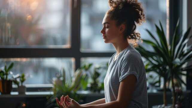 Woman Meditating in Indoor with Houseplants, Morning Light - A serene view of Woman Meditating situated in Indoor. The scene is complemented by Houseplants, Morning Light. Perfect for themes of tranqu