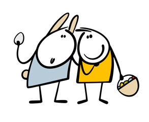 Cute Easter bunny gives a gift to a friend stickman. Vector illustration boy and cute pet celebrating spring holiday. Isolated cartoon characters in good mood on white background.