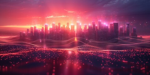 Fototapeta premium Futuristic night cityscape with neon illuminated skyscrapers and digital design elements.