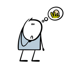Doodle confused boy is looking for an Easter egg. Vector illustration of a sad stickman and text comic bubble thinking about spring surprise in the bushes. Isolated character on white background.