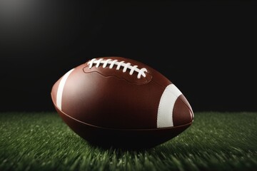 American football ball on green grass against black background.