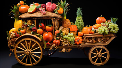 Bountiful Harvest A Vibrant Display of Fresh Fruits and Vegetables in a Colorful Wagon. Generative AI.