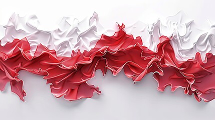 Elegant red and white satin fabric flowing in a wavy texture. Luxurious silk textile with smooth undulating design.