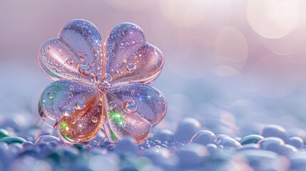 Fototapeta premium Macro shot of iridescent water droplets on floral petals with a dreamy bokeh effect. Serene close-up of dew on flower creating a delicate and magical natural scene.
