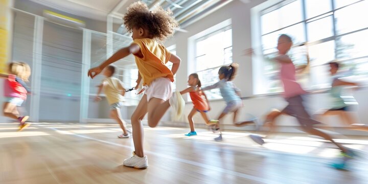Motion blur of kids exercising in fitness studio , concept of Physical activity