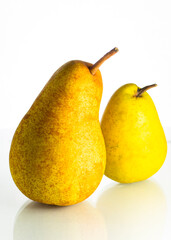 Two ripe yellow pears on a white background