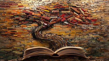 abstract creative art of a tree made with books